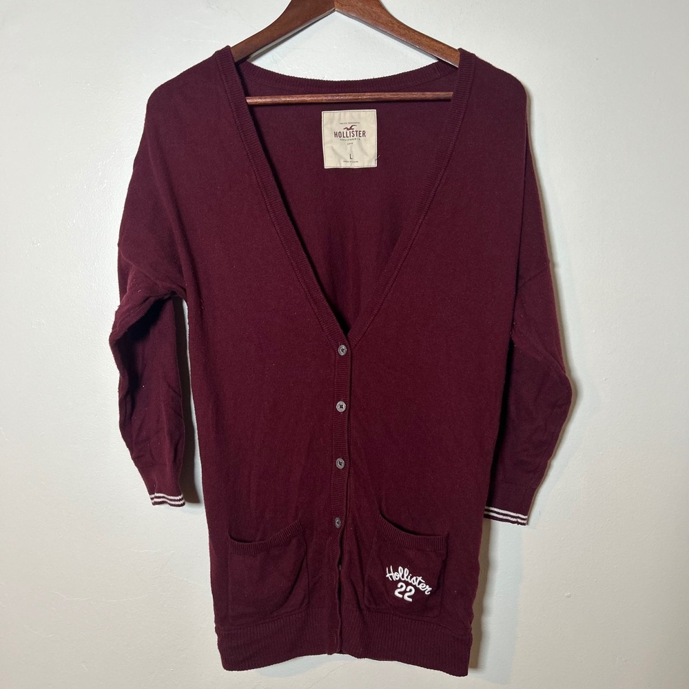 Y2K Vtg Hollister Cardigan‎ Large Burgundy V-Neck Button Front Embroidered Logo